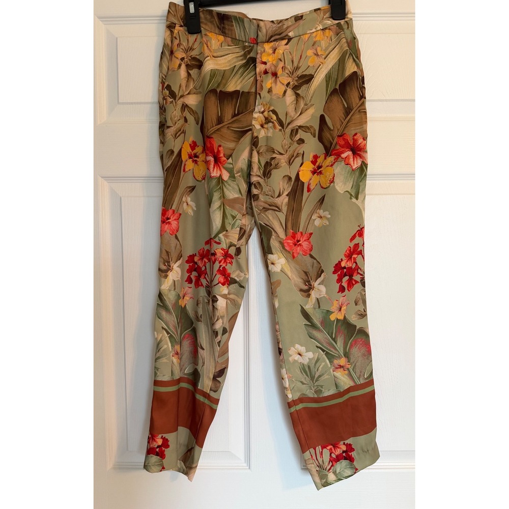 Zara Tropical Floral Print High Waist Straight Leg Pants Sage Green XS
